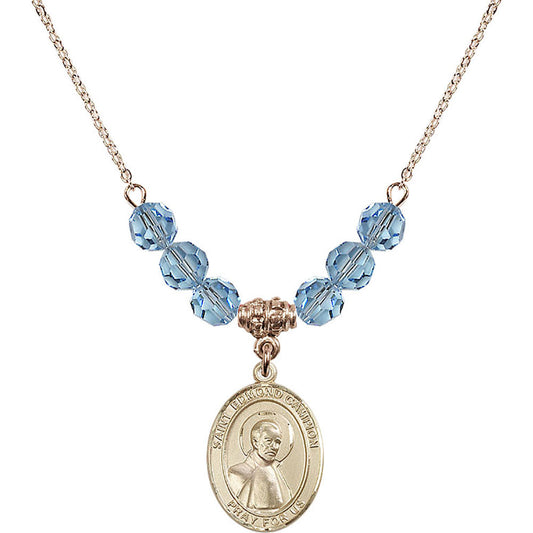 14kt Gold Filled Saint Edmund Campion Birthstone Necklace with Aqua Beads - 8333