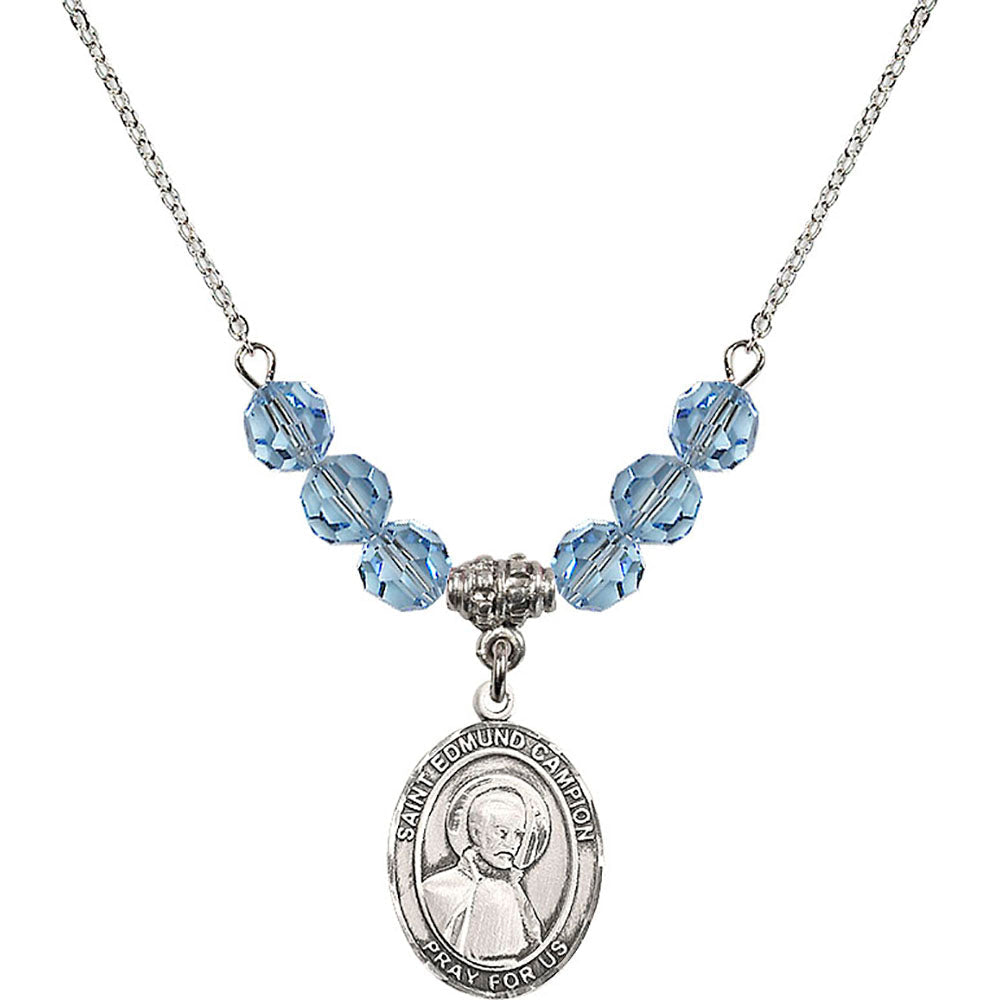 Sterling Silver Saint Edmund Campion Birthstone Necklace with Aqua Beads - 8333