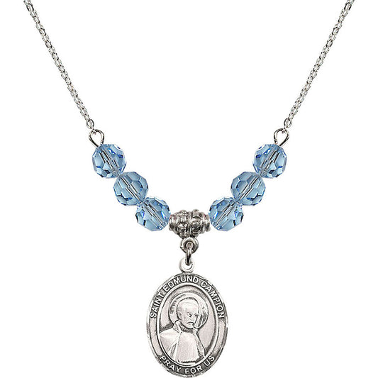 Sterling Silver Saint Edmund Campion Birthstone Necklace with Aqua Beads - 8333