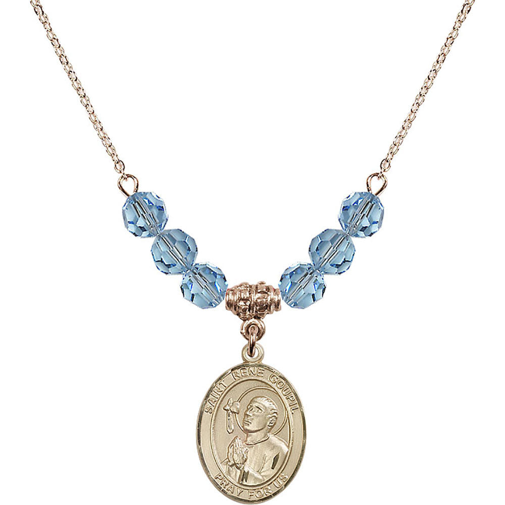 14kt Gold Filled Saint Rene Goupil Birthstone Necklace with Aqua Beads - 8334