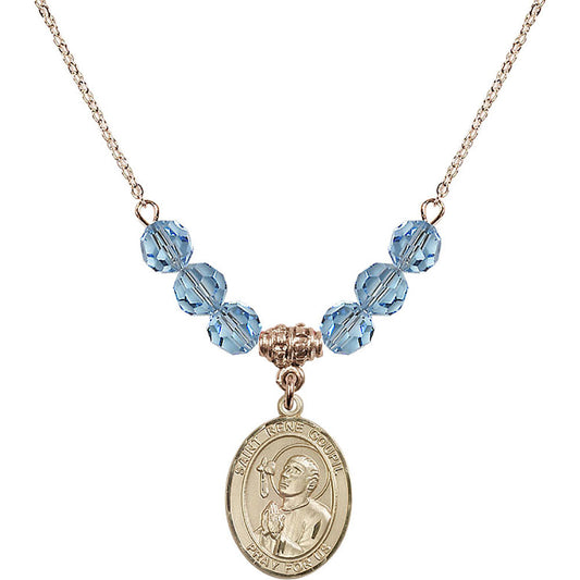 14kt Gold Filled Saint Rene Goupil Birthstone Necklace with Aqua Beads - 8334