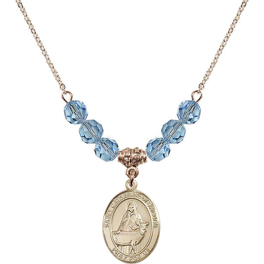 14kt Gold Filled Saint Catherine of Sweden Birthstone Necklace with Aqua Beads - 8336