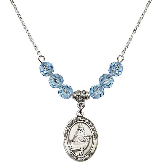 Sterling Silver Saint Catherine of Sweden Birthstone Necklace with Aqua Beads - 8336