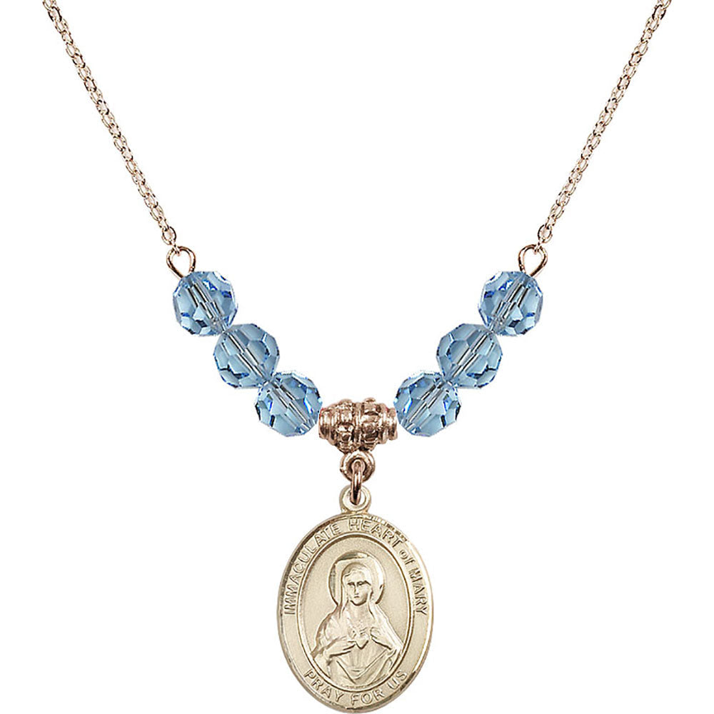 14kt Gold Filled Immaculate Heart of Mary Birthstone Necklace with Aqua Beads - 8337
