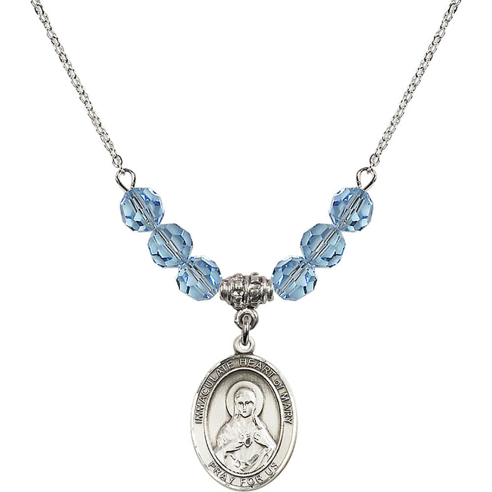 Sterling Silver Immaculate Heart of Mary Birthstone Necklace with Aqua Beads - 8337