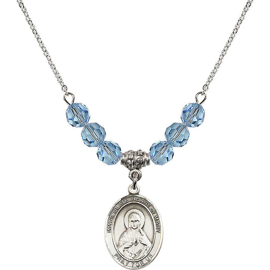 Sterling Silver Immaculate Heart of Mary Birthstone Necklace with Aqua Beads - 8337