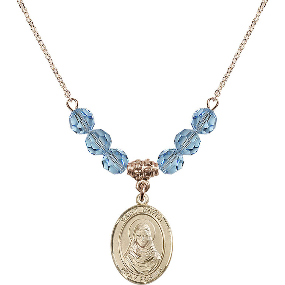 14kt Gold Filled Saint Rafka Birthstone Necklace with Aqua Beads - 8338