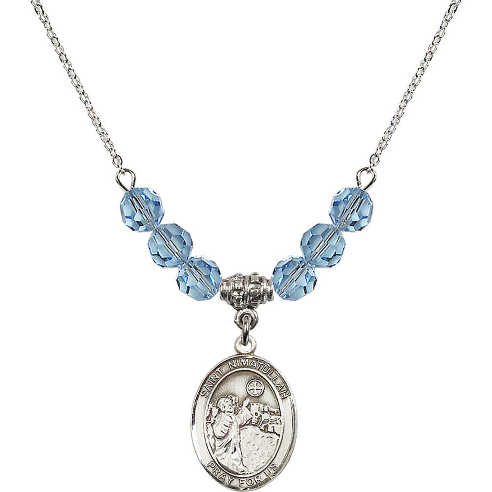 Sterling Silver Saint Nimatullah Birthstone Necklace with Aqua Beads - 8339