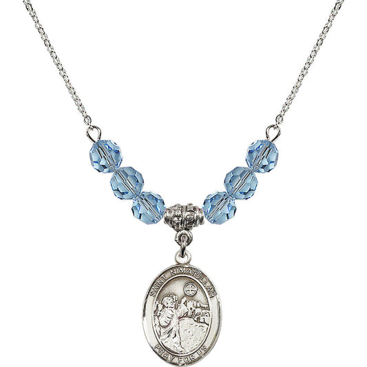 Sterling Silver Saint Nimatullah Birthstone Necklace with Aqua Beads - 8339