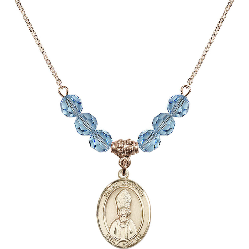 14kt Gold Filled Saint Anselm of Canterbury Birthstone Necklace with Aqua Beads - 8342