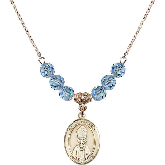 14kt Gold Filled Saint Anselm of Canterbury Birthstone Necklace with Aqua Beads - 8342
