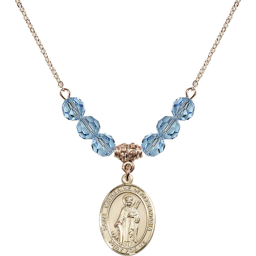 14kt Gold Filled Saint Catherine of Alexandria Birthstone Necklace with Aqua Beads - 8343