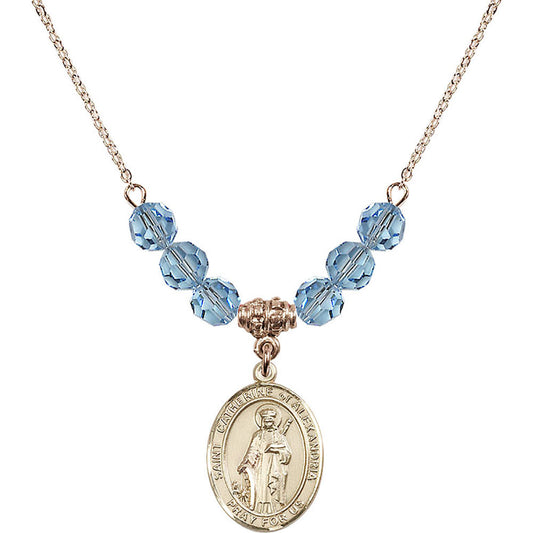 14kt Gold Filled Saint Catherine of Alexandria Birthstone Necklace with Aqua Beads - 8343