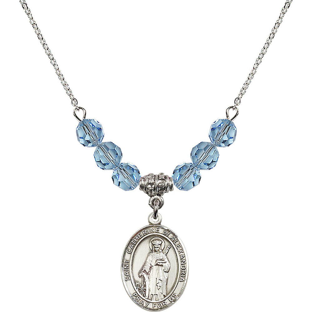 Sterling Silver Saint Catherine of Alexandria Birthstone Necklace with Aqua Beads - 8343