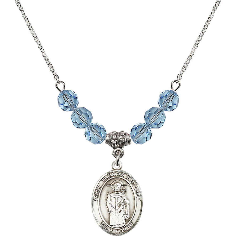 Sterling Silver Saint Thomas A Becket Birthstone Necklace with Aqua Beads - 8344