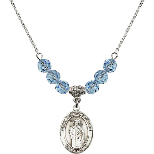 Sterling Silver Saint Thomas A Becket Birthstone Necklace with Aqua Beads - 8344