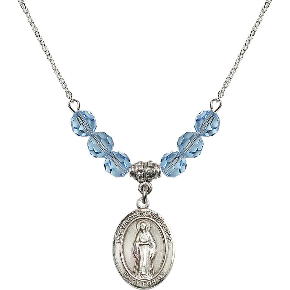 Sterling Silver Virgin of the Globe Birthstone Necklace with Aqua Beads - 8345