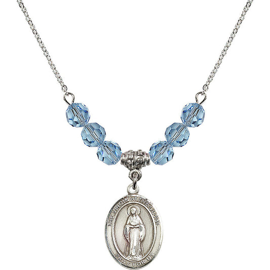 Sterling Silver Virgin of the Globe Birthstone Necklace with Aqua Beads - 8345