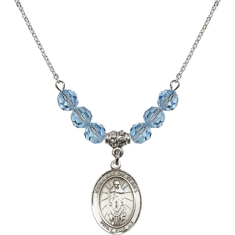 Sterling Silver Our Lady of Tears Birthstone Necklace with Aqua Beads - 8346