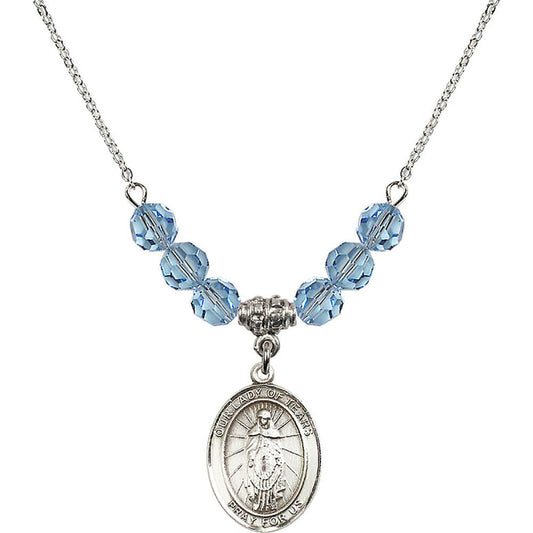 Sterling Silver Our Lady of Tears Birthstone Necklace with Aqua Beads - 8346