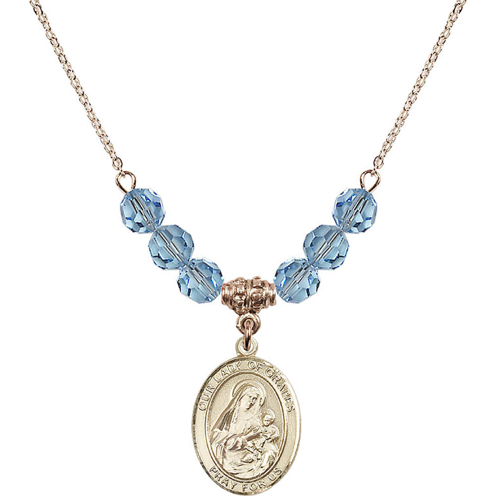 14kt Gold Filled Our Lady of Grapes Birthstone Necklace with Aqua Beads - 8347