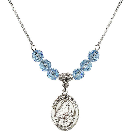 Sterling Silver Our Lady of Grapes Birthstone Necklace with Aqua Beads - 8347