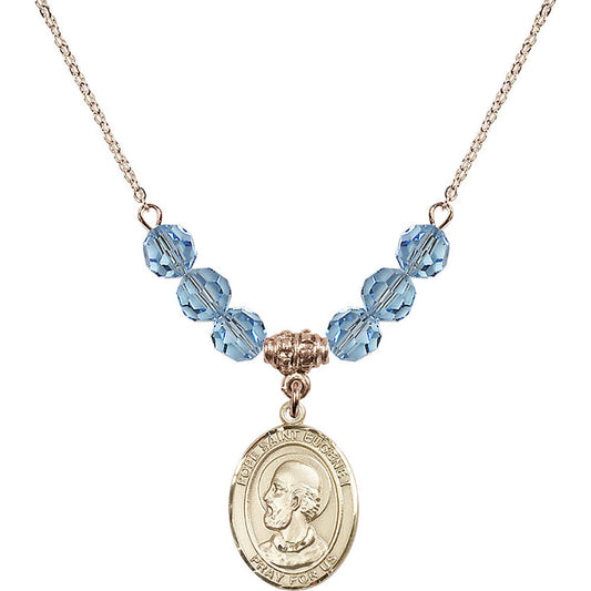 14kt Gold Filled Pope Saint Eugene I Birthstone Necklace with Aqua Beads - 8352