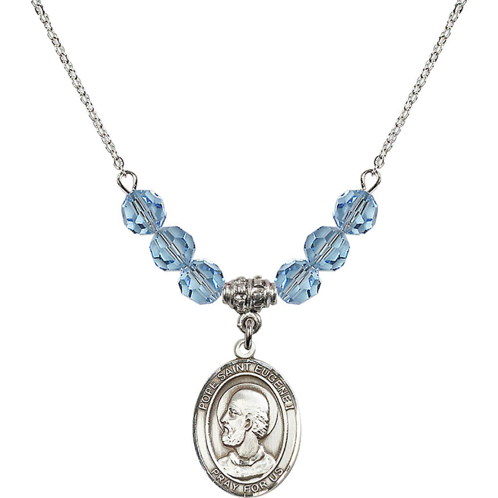Sterling Silver Pope Saint Eugene I Birthstone Necklace with Aqua Beads - 8352