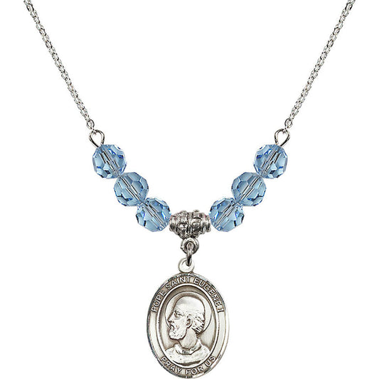 Sterling Silver Pope Saint Eugene I Birthstone Necklace with Aqua Beads - 8352