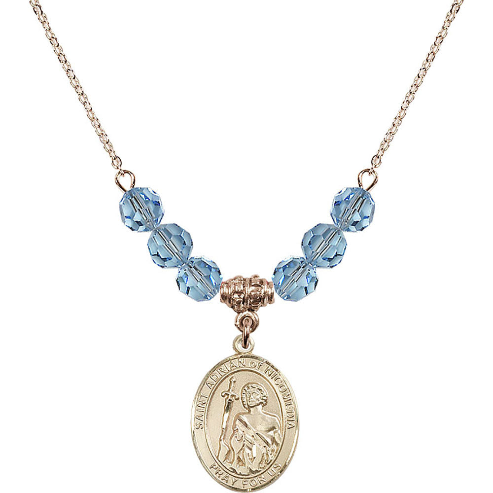 14kt Gold Filled Saint Adrian of Nicomedia Birthstone Necklace with Aqua Beads - 8353