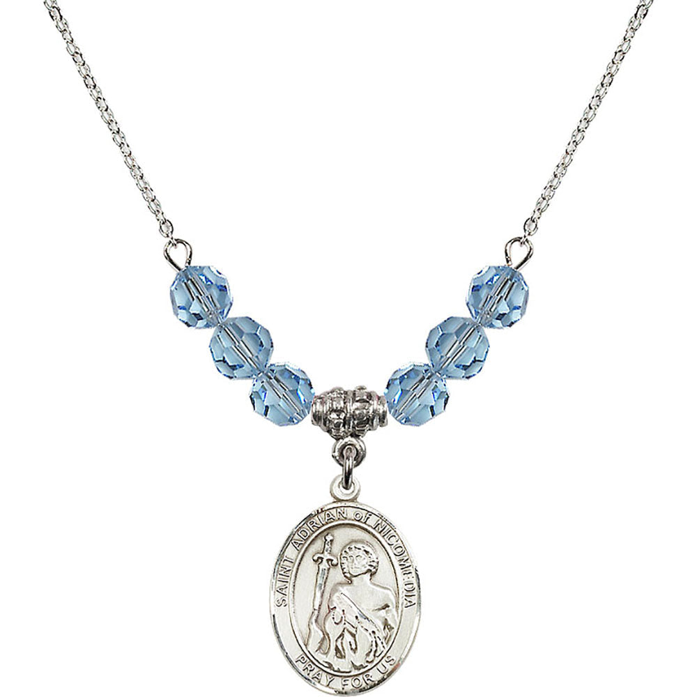 Sterling Silver Saint Adrian of Nicomedia Birthstone Necklace with Aqua Beads - 8353