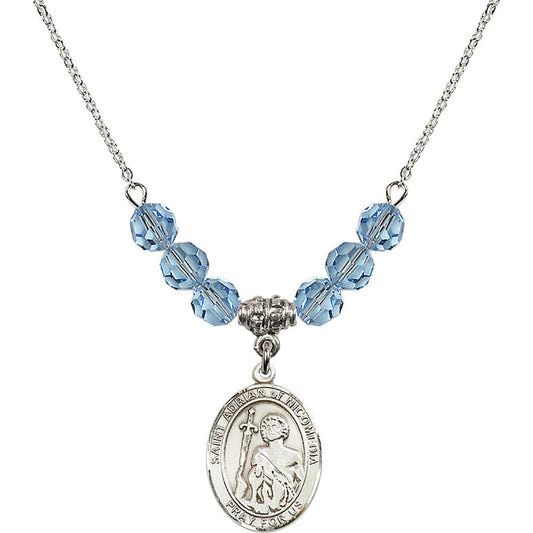 Sterling Silver Saint Adrian of Nicomedia Birthstone Necklace with Aqua Beads - 8353