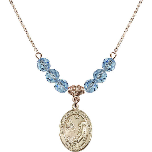 14kt Gold Filled Saint Catherine of Bologna Birthstone Necklace with Aqua Beads - 8354