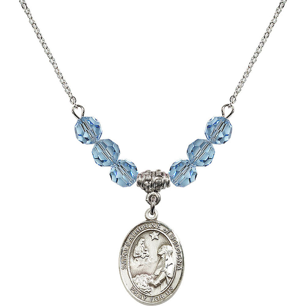 Sterling Silver Saint Catherine of Bologna Birthstone Necklace with Aqua Beads - 8354