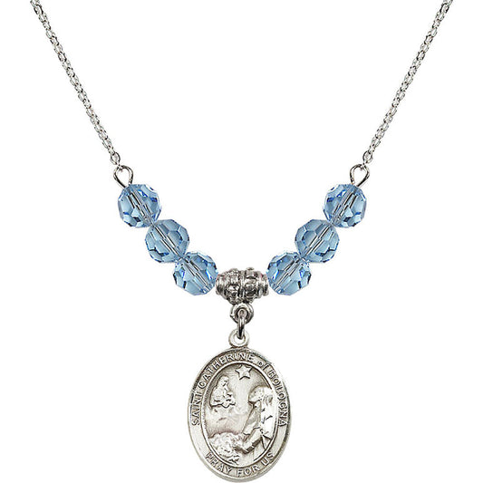 Sterling Silver Saint Catherine of Bologna Birthstone Necklace with Aqua Beads - 8354