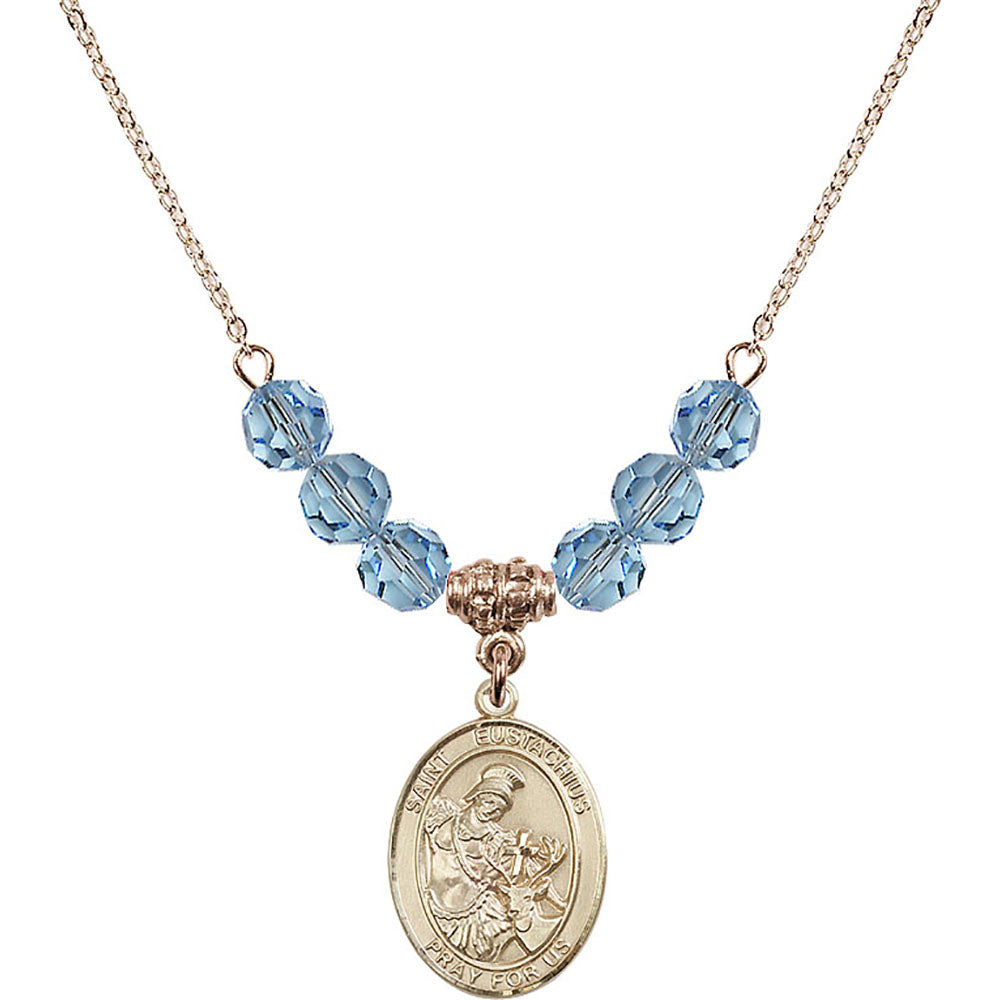 14kt Gold Filled Saint Eustachius Birthstone Necklace with Aqua Beads - 8356