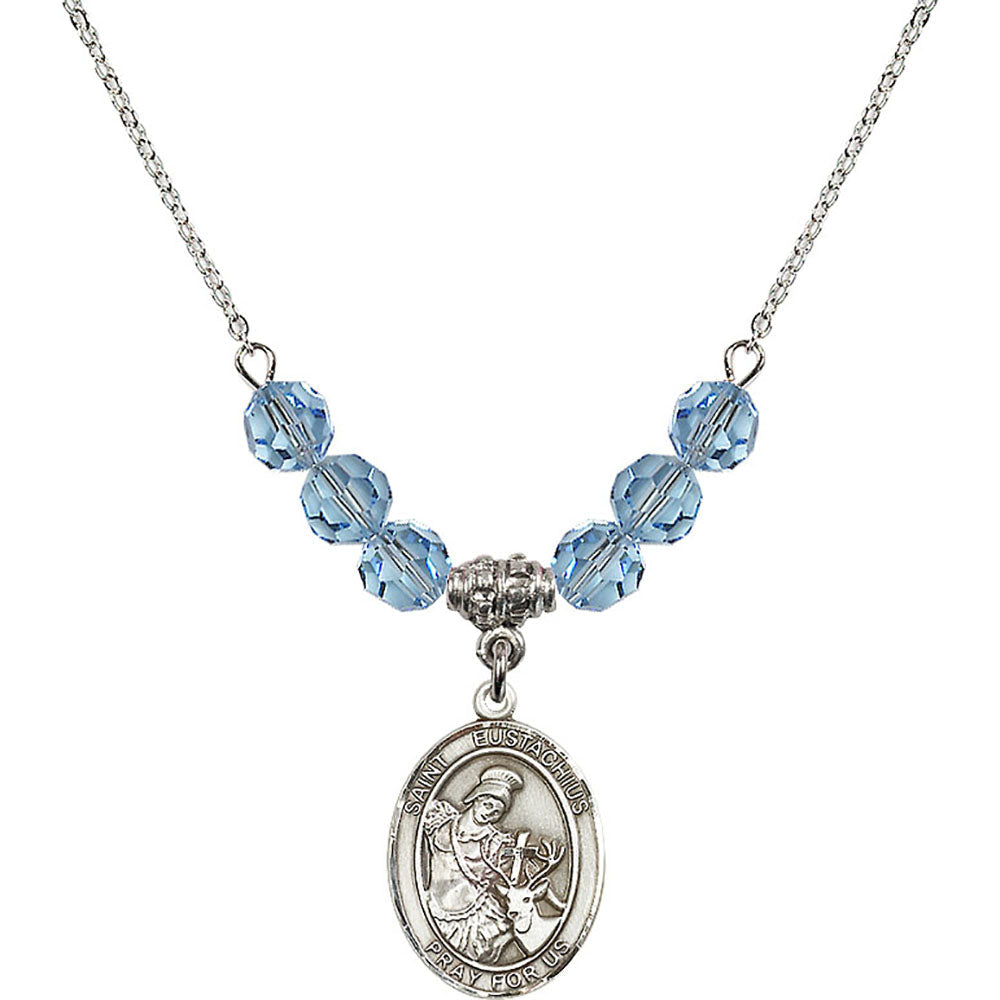 Sterling Silver Saint Eustachius Birthstone Necklace with Aqua Beads - 8356