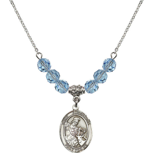 Sterling Silver Saint Eustachius Birthstone Necklace with Aqua Beads - 8356