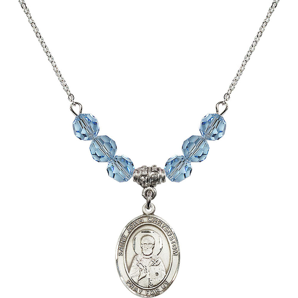 Sterling Silver Saint John Chrysostom Birthstone Necklace with Aqua Beads - 8357