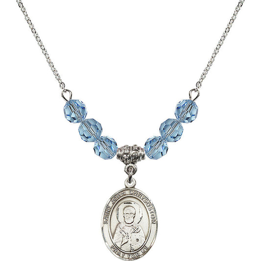 Sterling Silver Saint John Chrysostom Birthstone Necklace with Aqua Beads - 8357