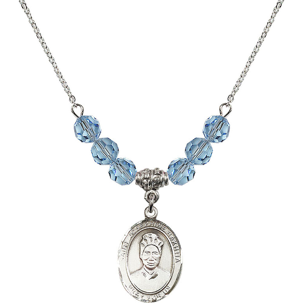 Sterling Silver Saint Josephine Bakhita Birthstone Necklace with Aqua Beads - 8360
