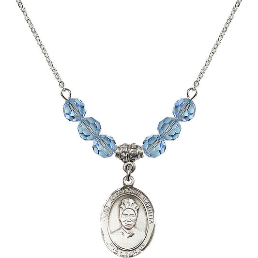 Sterling Silver Saint Josephine Bakhita Birthstone Necklace with Aqua Beads - 8360