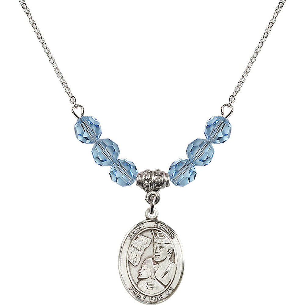Sterling Silver Saint Edwin Birthstone Necklace with Aqua Beads - 8361