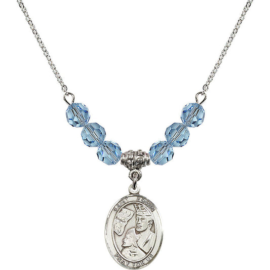 Sterling Silver Saint Edwin Birthstone Necklace with Aqua Beads - 8361
