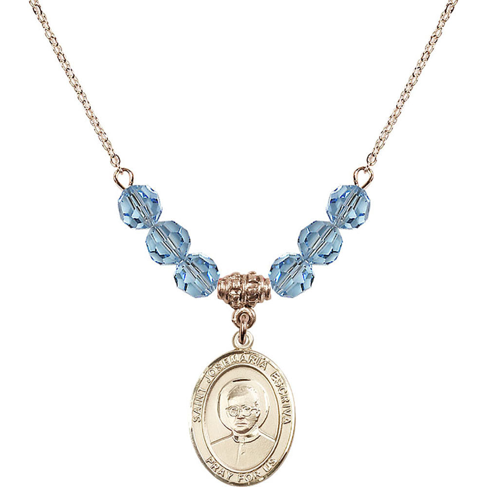 14kt Gold Filled Saint Josemaria Escriva Birthstone Necklace with Aqua Beads - 8362