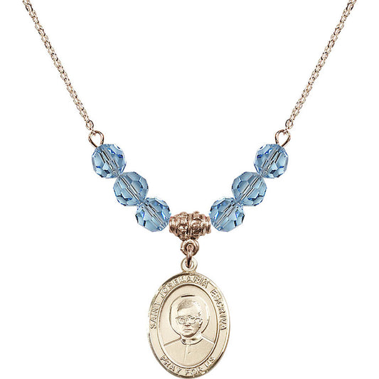 14kt Gold Filled Saint Josemaria Escriva Birthstone Necklace with Aqua Beads - 8362