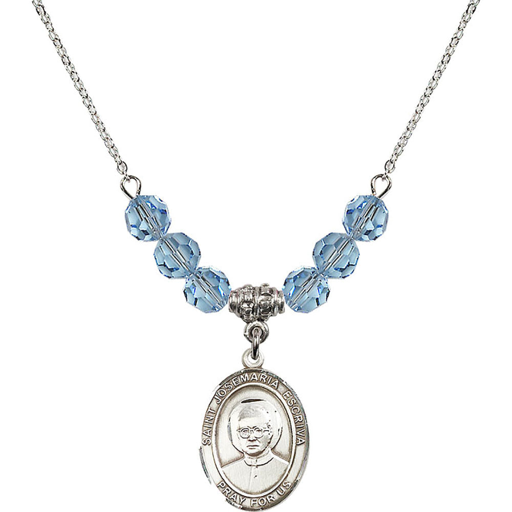 Sterling Silver Saint Josemaria Escriva Birthstone Necklace with Aqua Beads - 8362