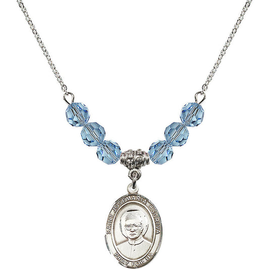 Sterling Silver Saint Josemaria Escriva Birthstone Necklace with Aqua Beads - 8362