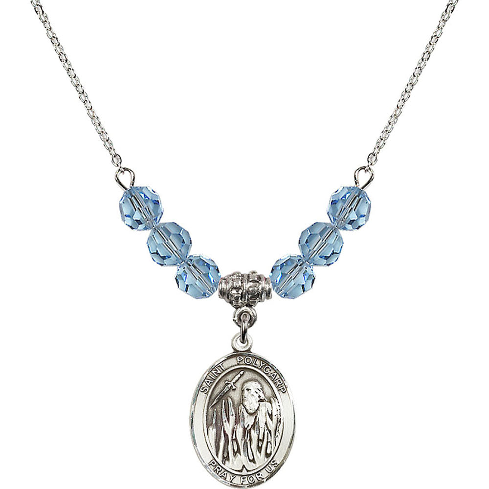 Sterling Silver Saint Polycarp of Smyrna Birthstone Necklace with Aqua Beads - 8363