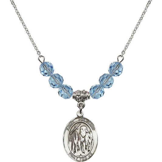 Sterling Silver Saint Polycarp of Smyrna Birthstone Necklace with Aqua Beads - 8363